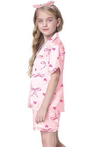 Image of Schbbbta Girls Womens Pajamas, Satin Silky Pjs Set Kids 2Pcs Button-Down Nightwear Sleepwear Gift for Mommy and me