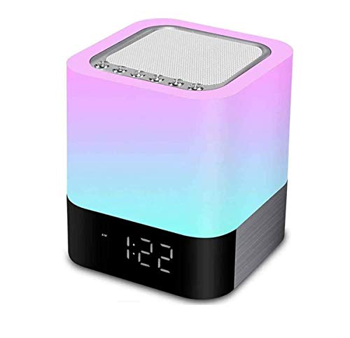 MMEI Bluetooth-Lautsprecher 5-in-1-Nachtlicht, Nachttischlampe mit Berührungssensor, warmes Licht und Wecker mit 7 Farbwechseln, MP3-Player, Kinder,
