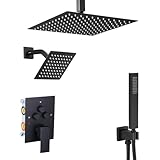 Heable Duscharmatur-Set Mattschwarz Duschsystem, Druckknopf-Umsteller, Duscharmatur mit Handheld, quadratische Deckenhalterung, 30,5 cm Duschkopf mit 15,2 cm Wandhalterung, Duschkopf
