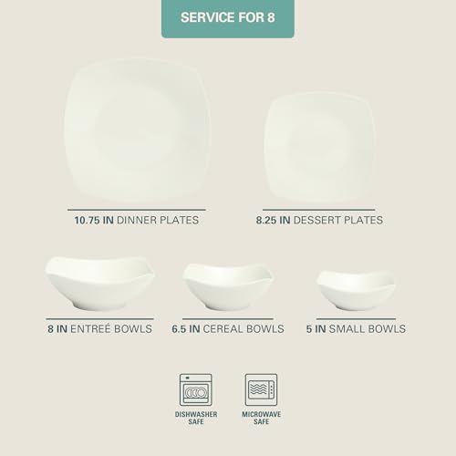 Image of Gibson Home Brentwood 40-Piece Dinnerware Set - Square White Porcelain Plates and Bowls, Service for 8, Dishwasher & Microwave Safe, Modern Everyday Dinner Set with Cereal, Dessert, and Entree Bowls