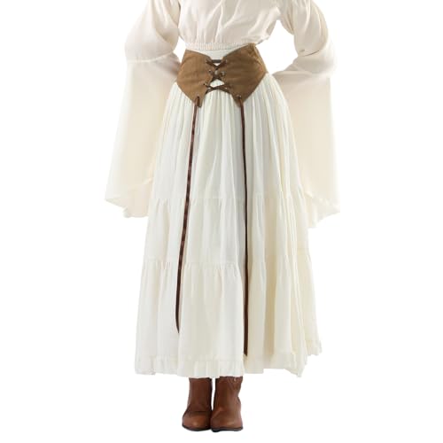 Fiamll Mittelalter Rock Damen A-Linie Lang, Elastische Taille mit Kordelzug, Renaissance Maxirock Beige, Victorianischer Stil, XL Fiamll Mittelalter Rock Damen A-Linie Lang, Elastische Taille mit Kordelzug, Renaissance Maxirock Beige, Victorianischer Stil, XL