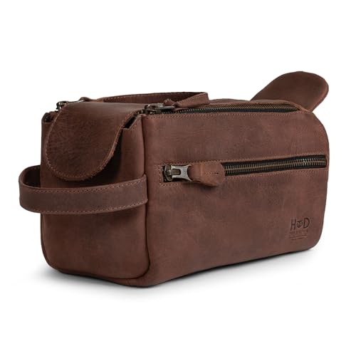 Image of Hide & Drink, Toiletry Bag w /Handles, Hygiene Organizer, Travel Dopp, Razor Case, Bathroom, Shaving, Cosmetic Storage, Travel & Grooming Essentials, Full Grain Leather, Handmade, Bourbon Brown