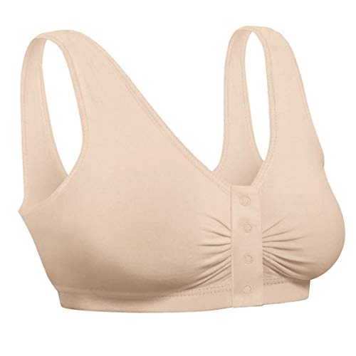 Snap Front Seamless Bra with Ultra-Wide Straps For Comfort and Support, Plush Fabric - Nude, Large