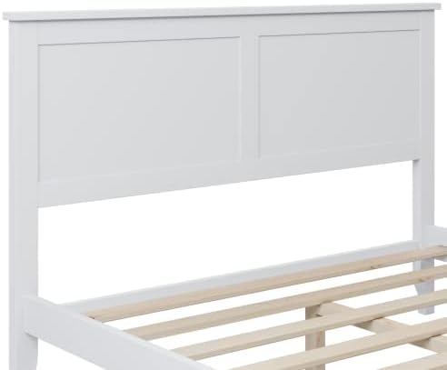 Miniatura 4 de Base de cama de tamaño matrimonial con cabecero y estribo, cama de plataforma de madera maciza blanca de estilo conciso moderno para niños,