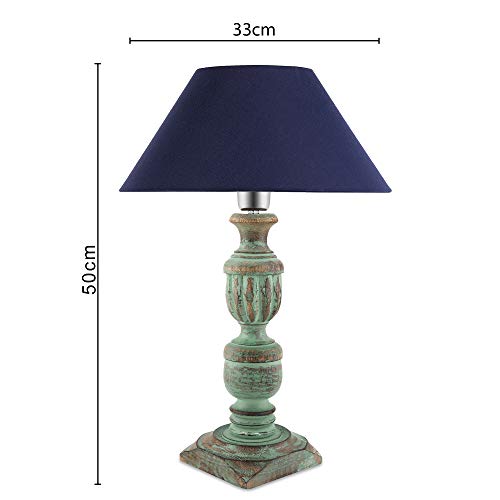 Image of Homesake Handcrafted Wooden Table Lamp for Living Room & Bedroom | Bedside Rustic Algae French Table Lamp with Fabric Shade | Included Bulb | Decorative Wooden Night Lamp for Home Decor, Blue