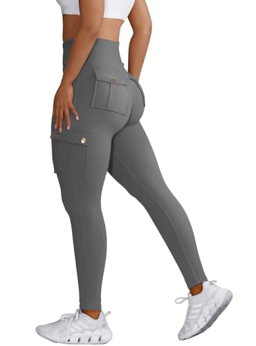 Image of Nuofengkudu Cargo Leggings Womens with Pockets High Waisted Tummy Control Soft Fitness Gym Workout Combat Sports Opaque Push up Athletic Running Ladies Stretch Yoga Pants Y-Dark Grey XS