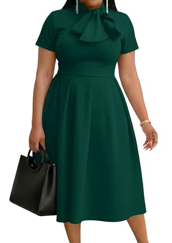 Image of FANDEE Midi Dress for Women Casual Short Sleeve A-line Semi Formal Fit and Flare Dress Classy Tie Neck Work Business Dresses