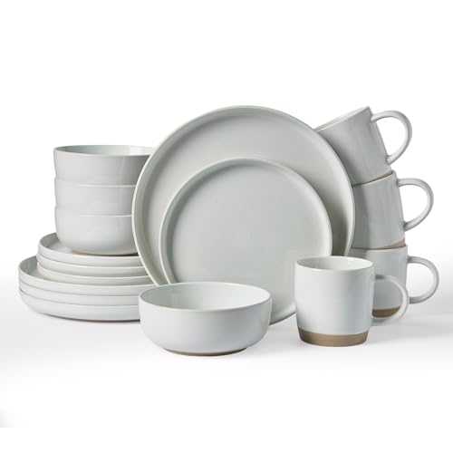 Image of Famiware Milkyway Stoneware Dinnerware Sets with Mugs, Service for 4 (16pcs), Plates and Bowls Sets, Scratch Resistant, Microwave and Dishwasher Safe Dishes Set, Light Gray