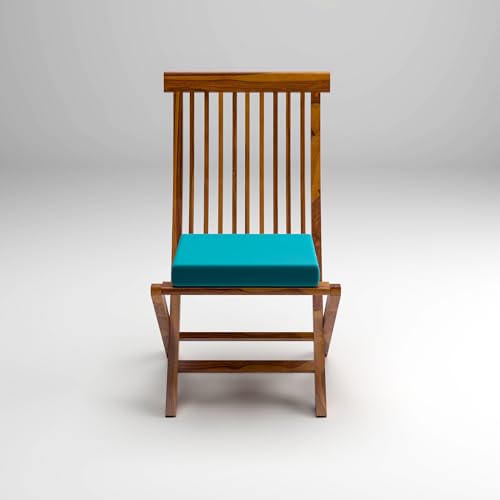 Image of Sheesham Wooden Portable Foldable 2 Seater Chair with Table Set Outdoor Balcony Garden Coffee Table Set Furniture with 1 Table and 2 Chairs Set (Brown with Blue Cushion)