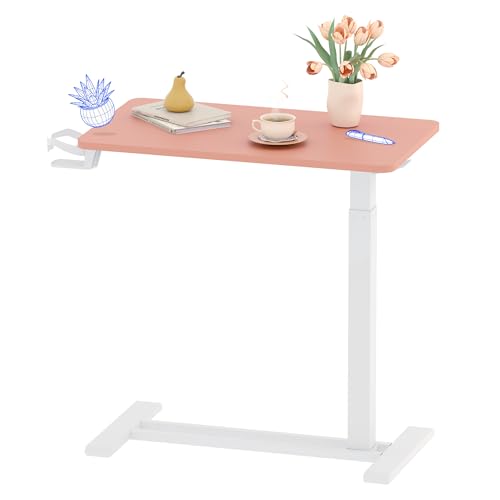 Image of FLEXISPOT H7 Adjustable Overbed Bedside Table with Wheels Pneumatic Mobile Standing Desk Laptop Desk Rolling Computer Cart Movable Overbed Table Hospital Home Use(27.6 inch W x 15.7 inch D, Pink)