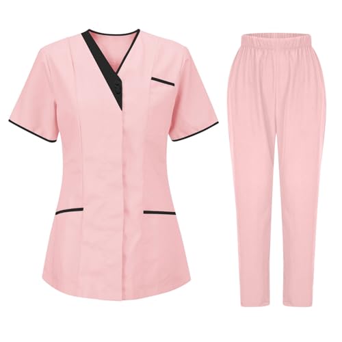 HGWOPGASD Conjunto de ropa médica para mujer blusa y pantalones. Conjunto resistente con cuello en V y bolsillos. Ropa de trabajo lisa 01-Rosa M