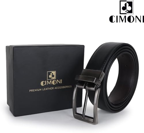 Image of CIMONI Reversible Leather Belt for Men | Genuine Leather & Vegan Leather Pin Buckle Belt | Classic Black /Brown Adjustable Belt for Formal, Business, Office & Casual Wear