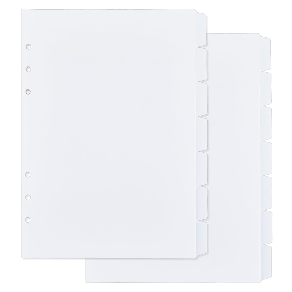SUPERFINDINGS 2 Sets 14 Sheets A5 Index Binder Dividers White Plastic Binder Dividers 6 Ring Binder Dividers Binder Dividers Pages with 7-Tabs 6 Holes Ring Index Page for Planner Notebook