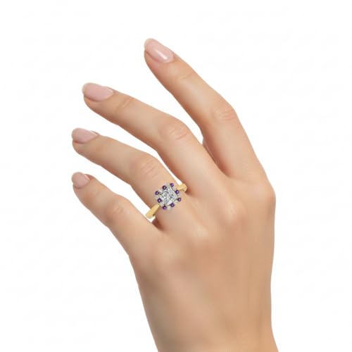 Image of Choose Your Gemstone Floating Halo Diamond CZ Ring Yellow Gold Plated Princess Shape Halo Engagement Rings Everyday Jewelry Wedding Jewelry Handmade Gifts for Wife US Size 4 to 12