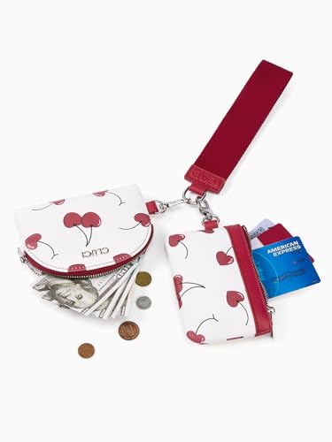 Image of CLUCI Keychain Wallet for Women PU Leather Coin Purse Detachable Dual Pouch Wristlet Wallet Zipper Pocket Cherry Print