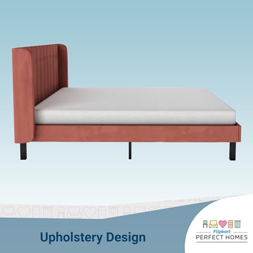 Image of Wooden Modern Upholstered Queen Size Bed for Bedroom | Wooden Double Bed Without Storage | Platform Cot Upholstered Bed with Upholstery Fabric | Engineered Wood | 6.5 x 5 Ft | Brown