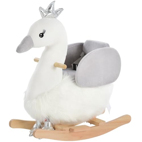 Qaba Rocking Horse, Kids Ride on Horse Swan Rocker with Sound, Plush Seat, Wooden Base, Safety Belt for Toddlers 18-36 Months, White
