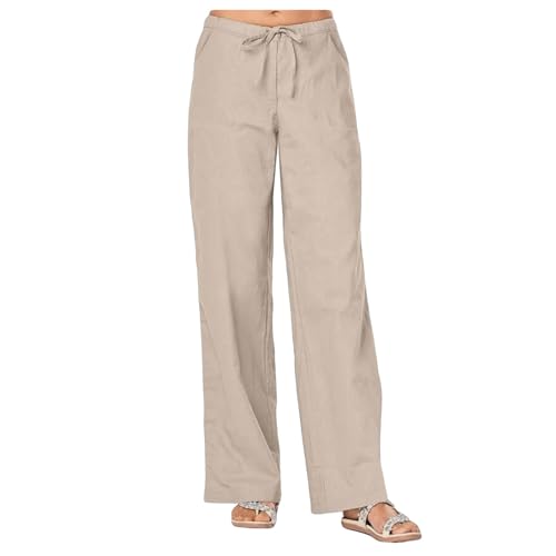 Generic Women's Cotton Linen Pants,Summer Wide Leg Casual Loose Elastic High Waist Palazzo Trousers