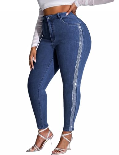 Womens High Waisted Stretch Skinny Jean Plus Size Side Rhinestone Denim Pants