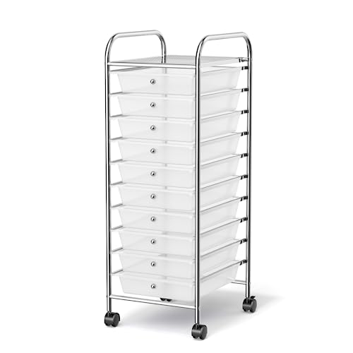 MEDIMALL 10 Drawers Rolling Storage Cart, Multipurpose Craft Storage Cart with Wheels, Mobile Tools Scrapbook Paper Organizer Cart for Office School Home Use (Clear)