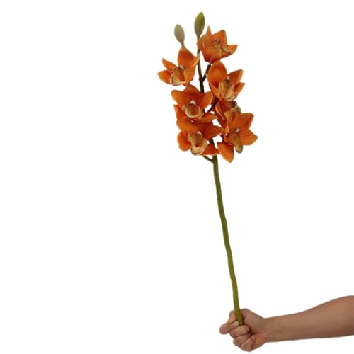 BQEE Tallo de orquídea artificial de tacto real, orquídea Cymbidium de 7 cabezas, 70 cm de alto, flor sintética para el hogar, boda y decoración de jarrones, tallo único (naranja)