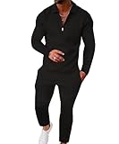 UOUA Mens 2 Piece Set Casual Outfits Polo Long Sleeve Shirt & Pants Track Suit Loungewear Athletic Sweatsuit Black XL