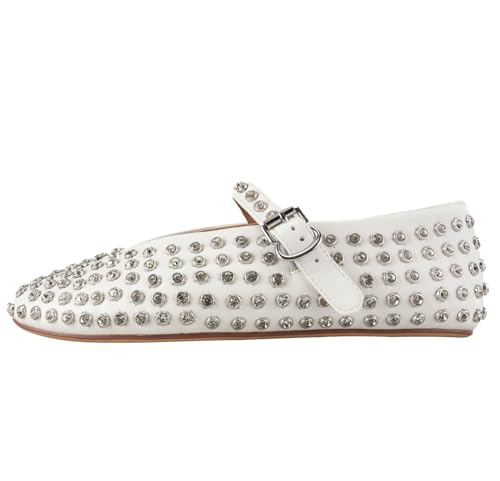 Gradinery Rhinestone Flats for Women Crystal Studded Mary Jane Ballet Flats Shoes Buckle Strap Sparkly Casual Dress Ballerina Shoes, Rhinestone White, 12