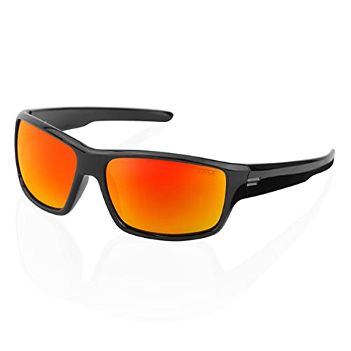Image of TOROE Eyewear FIELD Wrap Around Sport Sunglasses With Polycarbonate Polarized Lenses, Lightweight TR90 Frame (Gloss Black | Black Emblem, Fire Red (C3))