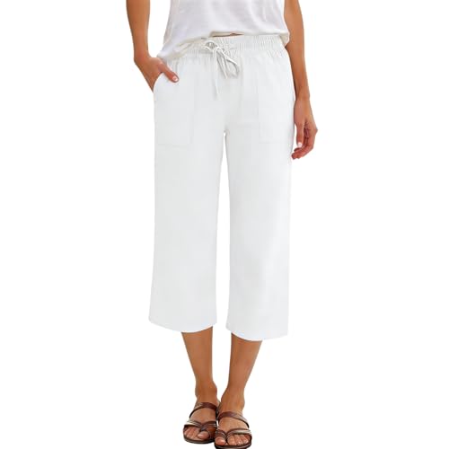 Girls Pants 2026 Summer Linen Clothing Casual Beach Drawstring Elastic High Waist Capri Pants Straight Wide Leg Cropped Lounge Trousers with Pockets Cute Preppy Spring Break Fashion Clohtes White