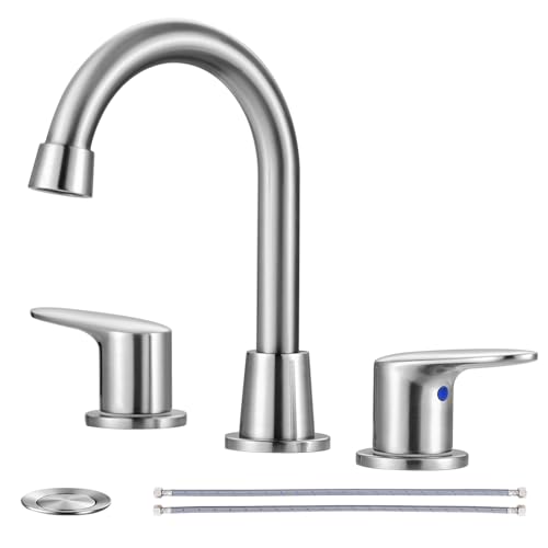8 Inch Widespread Bathroom Faucet,Brushed Nickel Bathroom Sink Faucet 3 Hole with Pop-up Drain and 2 Supply Hoses,360 Degree Swivel Spout 2 Handle Lead-Free Bath Faucet for Restroom Vanity C