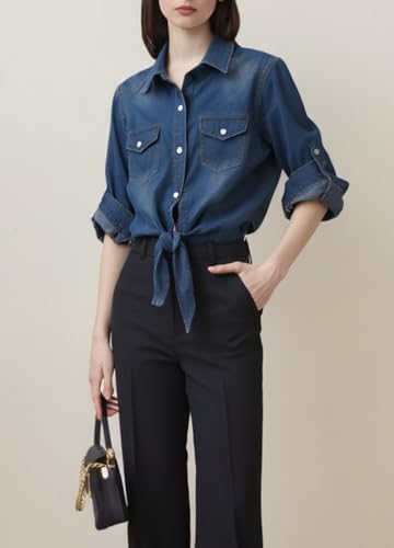 Simier Fariry Womens Tie Front Denim Shirt Summer Lightweight Jean Tops Roll Up 3/4 Sleeve Button Down Fall Cute Outfits4