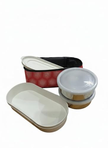 Image of Lunch Box Set with 2 Stainless Steel Container and 1 Plastic Container and Carry Bag, Leak-Proof, Light Weighted and Durable (RED)