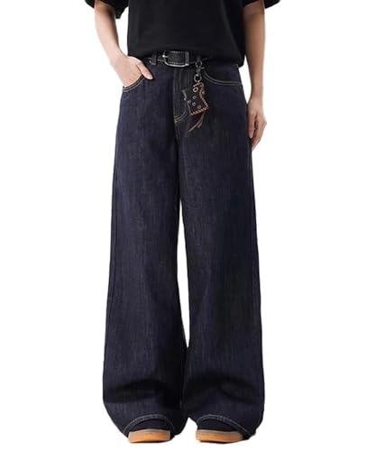Unisex Vintage Wide Leg Jeans, Retro Loose Fit Denim Pants Dark Wash Straight Baggy Streetwear Style2