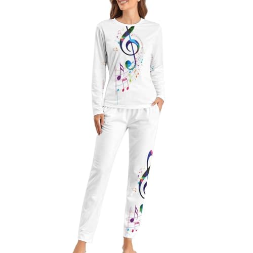 Cmagnifico - Cmagnifico Ensemble de pyjama à col rond pour femme, pyjama coloré avec notes de musique pour femmes, pyjama pour femme avec poches, Notes de musique colorées., M