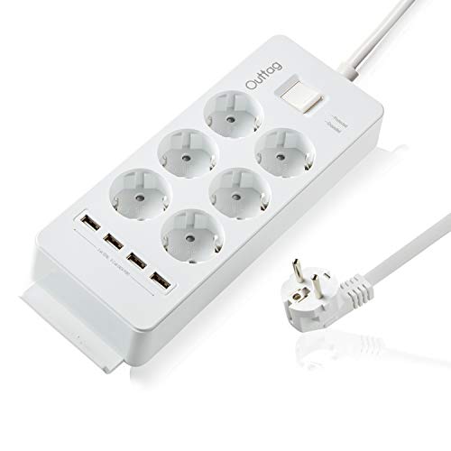 Mehrfachsteckdose mit USB 6 Fach Steckdosenleiste mit 4 USB - Überspannungsschutz - Mehrfachstecker mit Kindersicherung und Wandmontage -