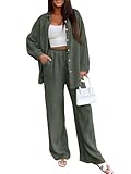 LILLUSORY Womens 2 Piece Linen Matching Lounge Sets 2026 Summer Vacation Outfits Long sleeve Button Down Oversized Pant Sets ArmyGreen M