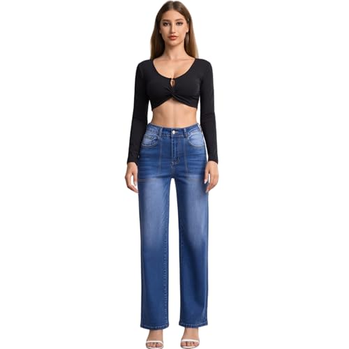 TimeGofate Women's Medium Blue High Waisted Wide Leg Jeans, Retro