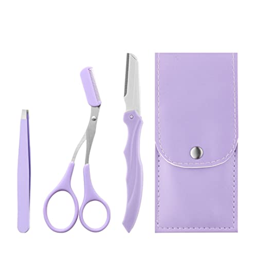 HIPIHOM Wenkbrauwtrimmer schaar met kam roestvrij staal wenkbrauw scheermes wimper haarschaar beginners wenkbrauwtrimmer set make-up tool (paars)