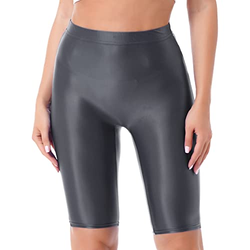 Doomiva Damen Kurze Leggings Blickdicht Glänzend Sporthose Radlerhose Yogahose Slim Fit Fitnesshose Elastische 3/4 Sport Leggings Yoga Shorts Dunkelgrau A XL