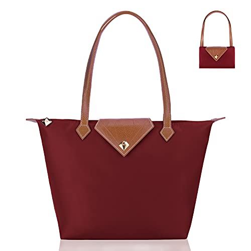 BOJLY Bolsos Totes para Mujer,Bolsos para las mujeres Diamante Nylon Tote Bag Ladies Shopping Plegable Tote Bolsa de viaje de playa Impermeable Casual Rojo Grande