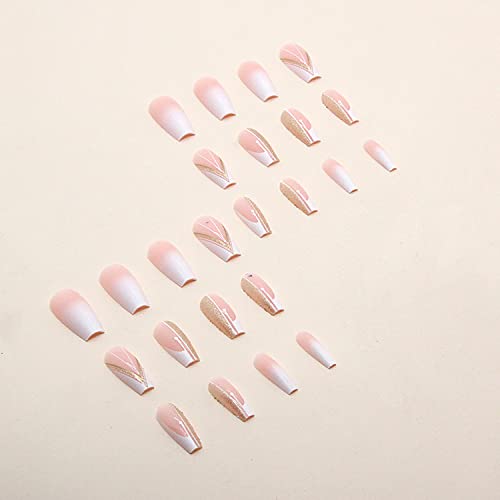 Square Press On Nails Medium Length French Tip Fake Nails With Nail Glue Pink Gold Foil False Nails With Gradient Designs Full Cover Acrylic Artificial Nails For Women Girls Nail Decorations #TOP2