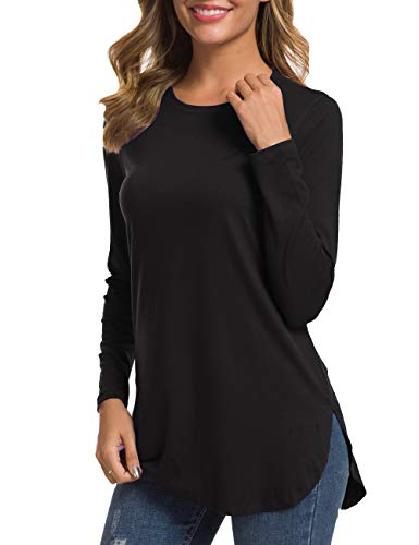Herou Black Fall Tops For Women Round Neck Long Sleeve Side Split Loose Tunic Tops Black Medium #TOP2