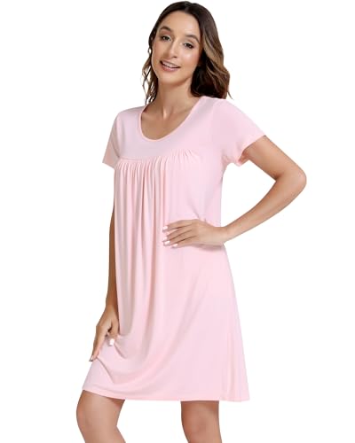 Image of NACHILA Bamboo Viscose Nightgown for Women Short Sleeve Crew Neck Sleepwear
