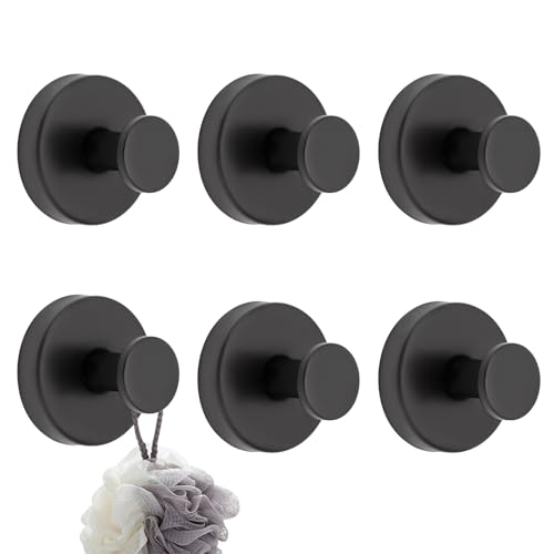 Crochet Ventouse Salle de Bain, 6 Pcs Crochet Ventouse en Acier Inoxydable étanches, Puissant Charge 10Kg, Mural d'Aspiration Puissante pour Verre, Carrelage, Salle de Bain, Cuisine (Noir)