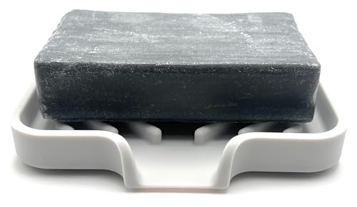 Happitasa Silicone Soap Dish Tray and Sponge Holder with Drain Chute and Feet | 3-Way Sloped Design | Bathroom and Kitchen Sink Organizer Caddy (Light Grey, 5"x4", 3.5 Ounces) by Happitasa - Used condition - Image 4