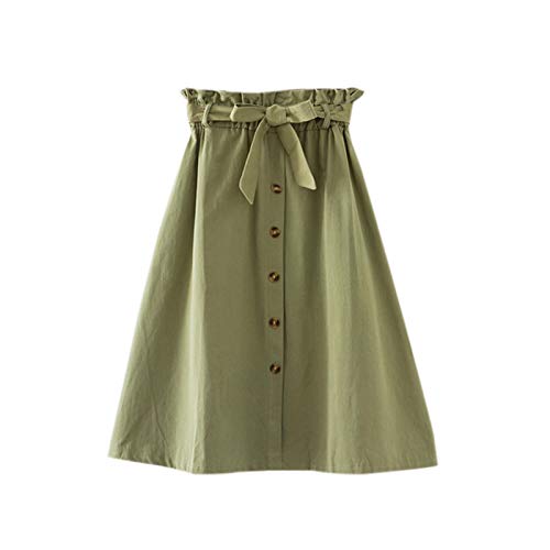 Women High Waist Skirt Elegant Casual Vintage Pleated A-line Button Front Midi Skirt with Belt Pockets