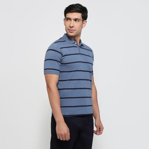 Image of Raymond Men Modern Fit Stripe Pattern Pure Cotton Polo Neck Half Sleeve Casual T-Shirt