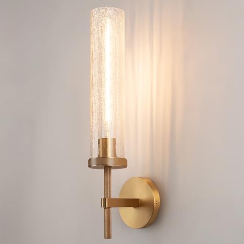 Vookea Knurled Brass Wall Sconce with Crackle Glass Tube