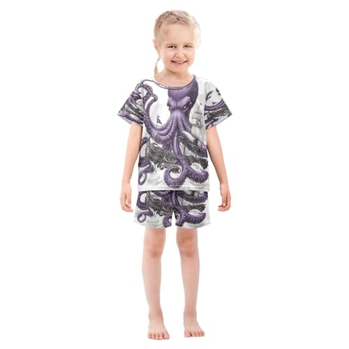 ALAZA Octopus Kraken Boat Pajamas Set Short Sleeve Cotton Sleepwear Summer Pjs 2 Piece 5-14Y3
