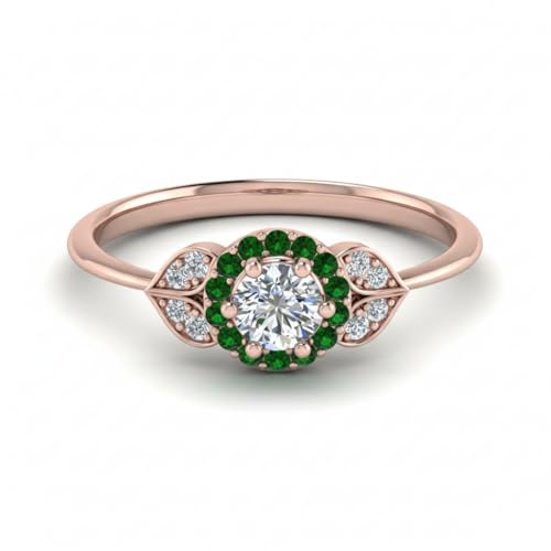 Image of Rose Gold Plated Diamond CZ & Blue Sapphire Petal Halo Engagement Ring for Women, Petite Round Shape Wedding & Everyday Jewelry, Handmade Gift for Wife US Size 4-12